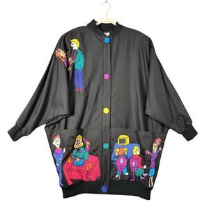 SILK SCAPES Black Office Workers Colorful Embroidered Applique Jacket ONE SIZE